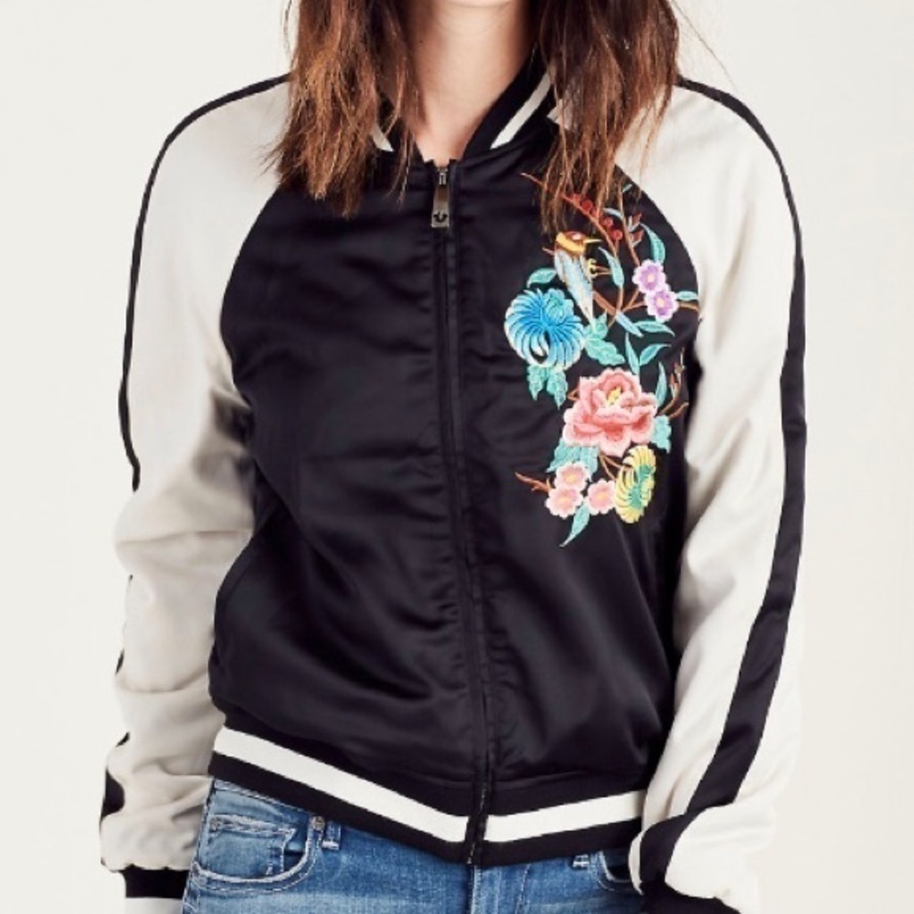 TRUE RELIGION Embroidered Satin Bomber Jacket Size XS